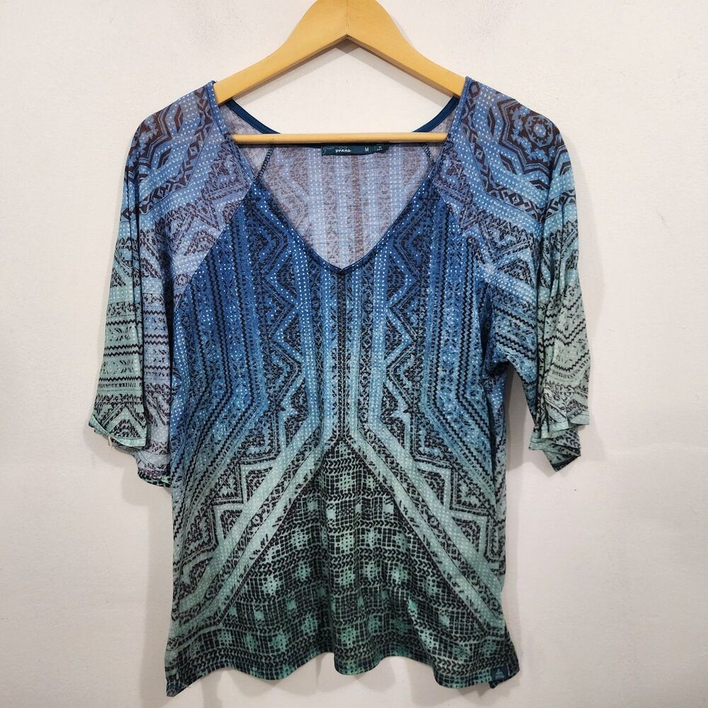 prAna Romy Top Womens M Medium Blue Aqua Geometric Boho Flutter Sleeve V-Neck